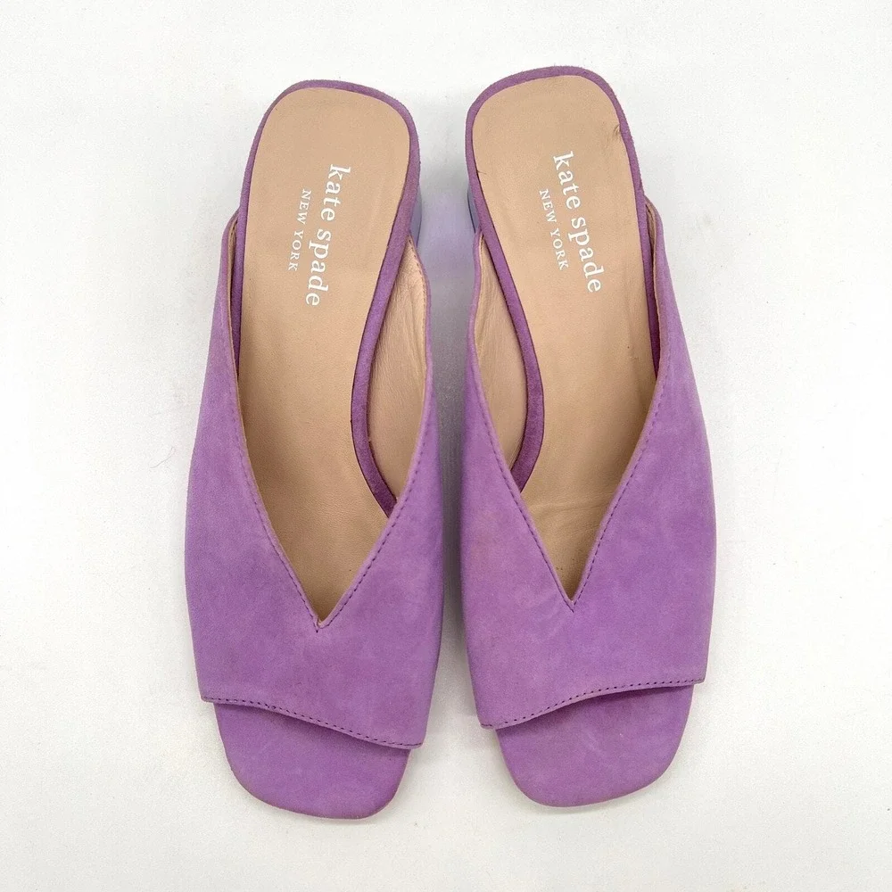 Kate Spade Mules Women 5.5 Purple Suede Lucite Block Heel Crystal Detail